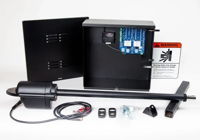 Automatic gate opener kit components on display.