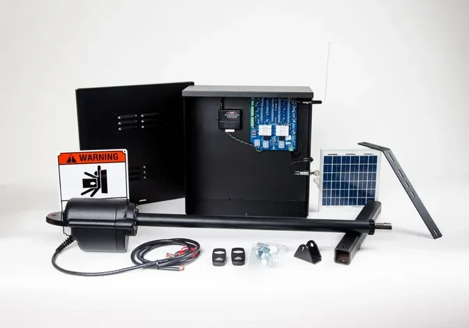 Automatic gate opener components on display.